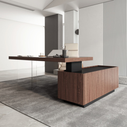 1815mm  Modern Walnut L-Shape Executive Desk with Side Cabinet Height Adjustable Desktop Standing Desk with Clear Arcylic Leg - thumbnail 8