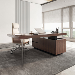 1815mm  Modern Walnut L-Shape Executive Desk with Side Cabinet Height Adjustable Desktop Standing Desk with Clear Arcylic Leg - thumbnail 7
