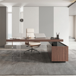 1815mm  Modern Walnut L-Shape Executive Desk with Side Cabinet Height Adjustable Desktop Standing Desk with Clear Arcylic Leg - thumbnail 6