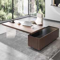 1815mm  Modern Walnut L-Shape Executive Desk with Side Cabinet Height Adjustable Desktop Standing Desk with Clear Arcylic Leg - thumbnail 2