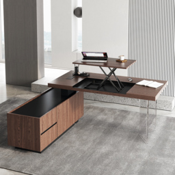 1815mm  Modern Walnut L-Shape Executive Desk with Side Cabinet Height Adjustable Desktop Standing Desk with Clear Arcylic Leg