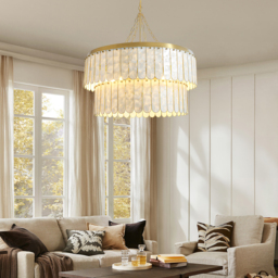 Enseo Coastal 8-Light Capiz Shell 2-Tiered Faceted Chandelier Pendant Light Gold White - thumbnail 3