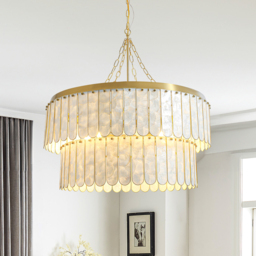 Enseo Coastal 8-Light Capiz Shell 2-Tiered Faceted Chandelier Pendant Light Gold White - thumbnail 2