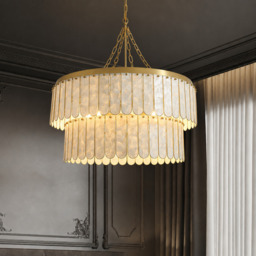 Enseo Coastal 8-Light Capiz Shell 2-Tiered Faceted Chandelier Pendant Light Gold White - thumbnail 1