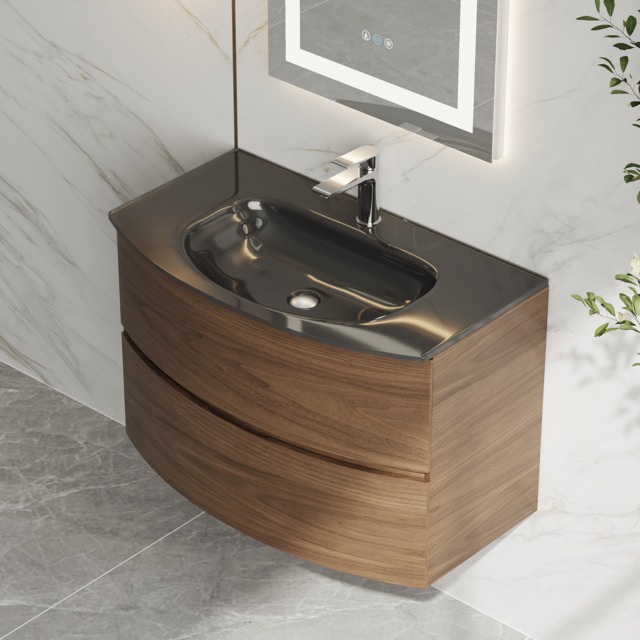 Modern 800mm Floating Bathroom Vanity with One-piece Glass Basin 2 Drawers in Walnut - image 1