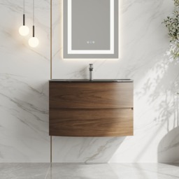 Modern 800mm Floating Bathroom Vanity with One-piece Glass Basin 2 Drawers in Walnut - thumbnail 3