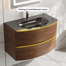 Modern 800mm Floating Bathroom Vanity with One-piece Glass Basin 2 Drawers in Walnut - thumbnail 5