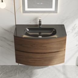 Modern 800mm Floating Bathroom Vanity with One-piece Glass Basin 2 Drawers in Walnut - thumbnail 2