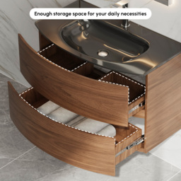 Modern 800mm Floating Bathroom Vanity with One-piece Glass Basin 2 Drawers in Walnut - thumbnail 4