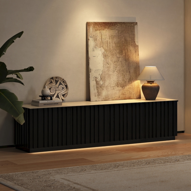 Aura 210 cm Mid-Century Modern Ash Wood Slatted Black TV Stand with Travertine Veneer Top - image 1