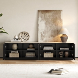 Aura 210 cm Mid-Century Modern Ash Wood Slatted Black TV Stand with Travertine Veneer Top - thumbnail 9