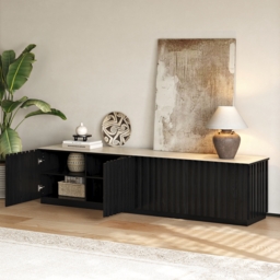 Aura 210 cm Mid-Century Modern Ash Wood Slatted Black TV Stand with Travertine Veneer Top - thumbnail 4