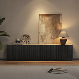 Aura 210 cm Mid-Century Modern Ash Wood Slatted Black TV Stand with Travertine Veneer Top - thumbnail 2
