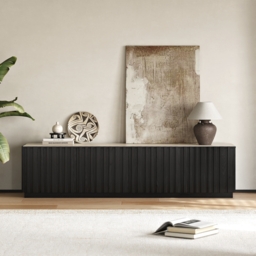 Aura 210 cm Mid-Century Modern Ash Wood Slatted Black TV Stand with Travertine Veneer Top - thumbnail 7