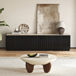 Aura 210 cm Mid-Century Modern Ash Wood Slatted Black TV Stand with Travertine Veneer Top - thumbnail 8