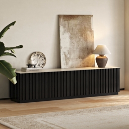 Aura 210 cm Mid-Century Modern Ash Wood Slatted Black TV Stand with Travertine Veneer Top - thumbnail 3