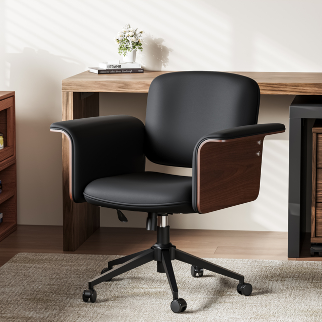 Wood & Faux Leather Office Chair - Ergonomic Adjustable Swivel (Black) - image 1