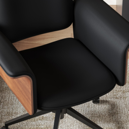 Wood & Faux Leather Office Chair - Ergonomic Adjustable Swivel (Black) - thumbnail 6