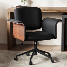 Wood & Faux Leather Office Chair - Ergonomic Adjustable Swivel (Black) - thumbnail 2