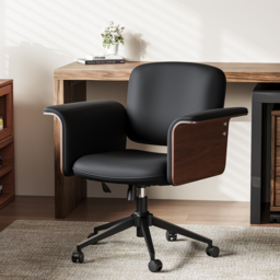 Wood & Faux Leather Office Chair - Ergonomic Adjustable Swivel (Black) - thumbnail 1