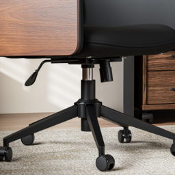 Wood & Faux Leather Office Chair - Ergonomic Adjustable Swivel (Black) - thumbnail 9
