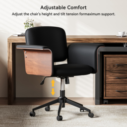 Wood & Faux Leather Office Chair - Ergonomic Adjustable Swivel (Black) - thumbnail 5
