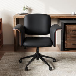 Wood & Faux Leather Office Chair - Ergonomic Adjustable Swivel (Black) - thumbnail 4