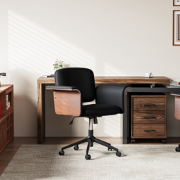Wood & Faux Leather Office Chair - Ergonomic Adjustable Swivel (Black) - thumbnail 3