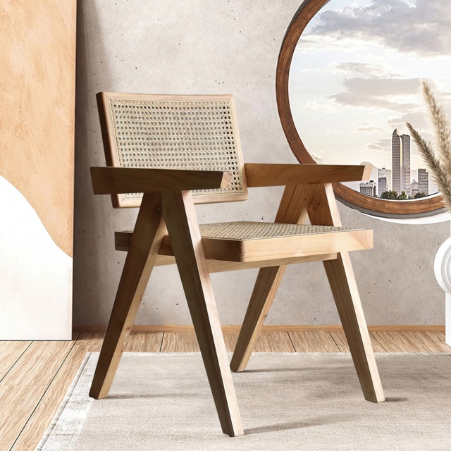 Japandi Rattan Dining Chairs with Solid Wood Frame Natural Dining - Main Image
