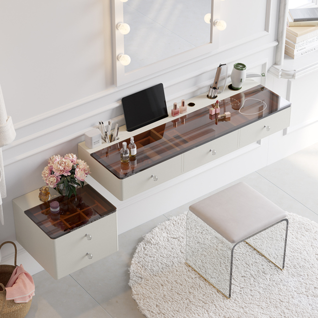 Glass Modern Floating Dressing Table with Tempered Top & Drawers Wall Mounted Beauty Station - image 1