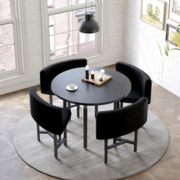 100 cm Round Black Small Nesting Dining Table Set for 4 Black Upholstered Chairs - thumbnail 9