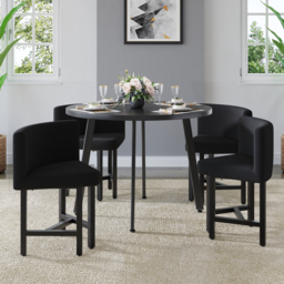 100 cm Round Black Small Nesting Dining Table Set for 4 Black Upholstered Chairs - thumbnail 2