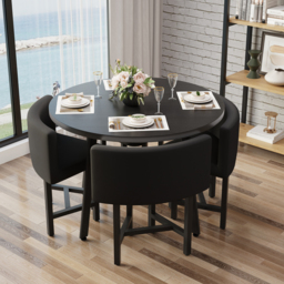 100 cm Round Black Small Nesting Dining Table Set for 4 Black Upholstered Chairs