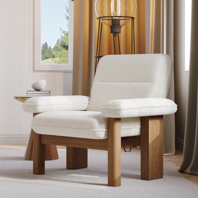 Solid Wood Accent Chair Boucle Armchair for Living Room in White - image 1