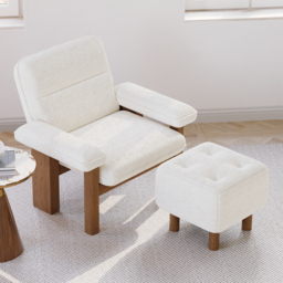 Solid Wood Accent Chair Boucle Armchair for Living Room in White - thumbnail 4