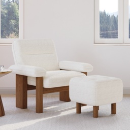 Solid Wood Accent Chair Boucle Armchair for Living Room in White - thumbnail 3
