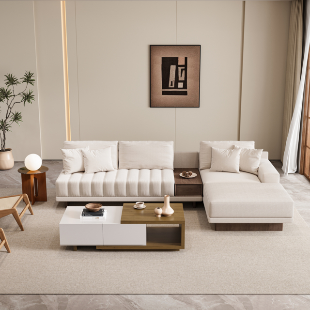 Living Room Sofa Couch Set Fabric L-Shaped White Modular Sectional Sofa & White & Walnut Coffee Table Set - image 1