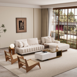 Living Room Sofa Couch Set Fabric L-Shaped White Modular Sectional Sofa & White & Walnut Coffee Table Set - thumbnail 2