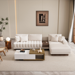 Living Room Sofa Couch Set Fabric L-Shaped White Modular Sectional Sofa & White & Walnut Coffee Table Set