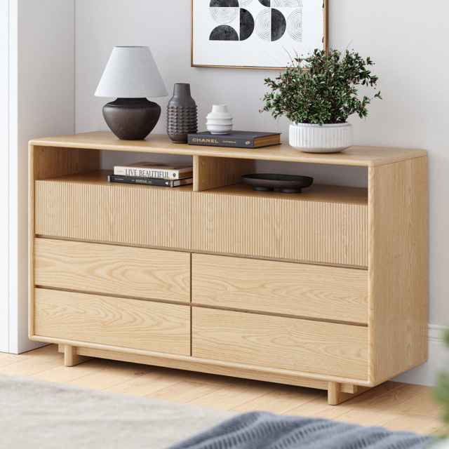 Wood 1200 mm Mid-Century Modern 6-Drawer Dresser with Shelves
