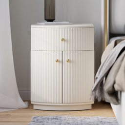 Modern Barrel White Fluted Bedside Table in Faux Leather Bedside Table with Storage