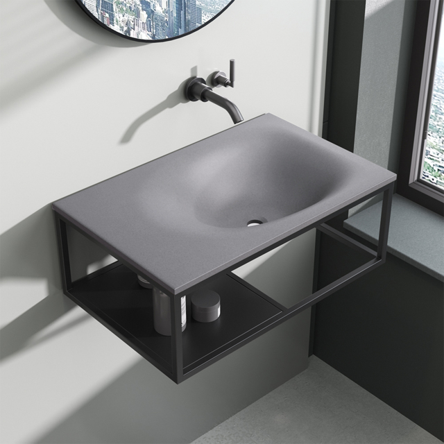 610mm Industrial Concrete Floating Bathroom Basin Wall-Mount with Towel Bar & Shelf Grey