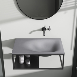 610mm Industrial Concrete Floating Bathroom Basin Wall-Mount with Towel Bar & Shelf Grey - thumbnail 3