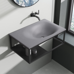 610mm Industrial Concrete Floating Bathroom Basin Wall-Mount with Towel Bar & Shelf Grey - thumbnail 1