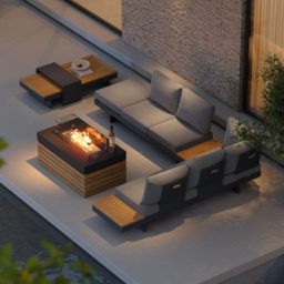 5-Piece L-Shaped Outdoor Sectional Sofa Set with Smokeless Propane Fire Pit Table Yard & Patio Furniture for 6 Person in Grey Cushion & Pillow Included - thumbnail 3