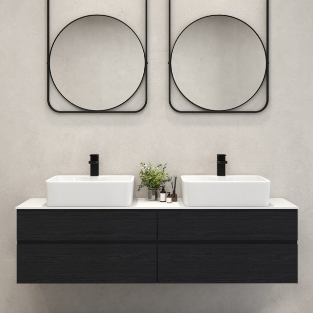 "60"" Black Floating Bathroom Vanity Set Cultured Marble Top with Ceramic Vessel Sink" - image 1
