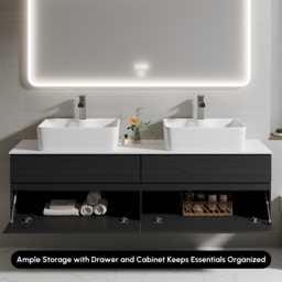 "60"" Black Floating Bathroom Vanity Set Cultured Marble Top with Ceramic Vessel Sink" - thumbnail 5