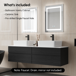 "60"" Black Floating Bathroom Vanity Set Cultured Marble Top with Ceramic Vessel Sink" - thumbnail 9