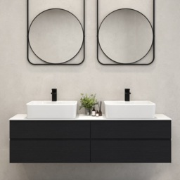 "60"" Black Floating Bathroom Vanity Set Cultured Marble Top with Ceramic Vessel Sink" - thumbnail 1