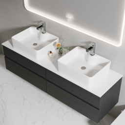 "60"" Black Floating Bathroom Vanity Set Cultured Marble Top with Ceramic Vessel Sink" - thumbnail 3